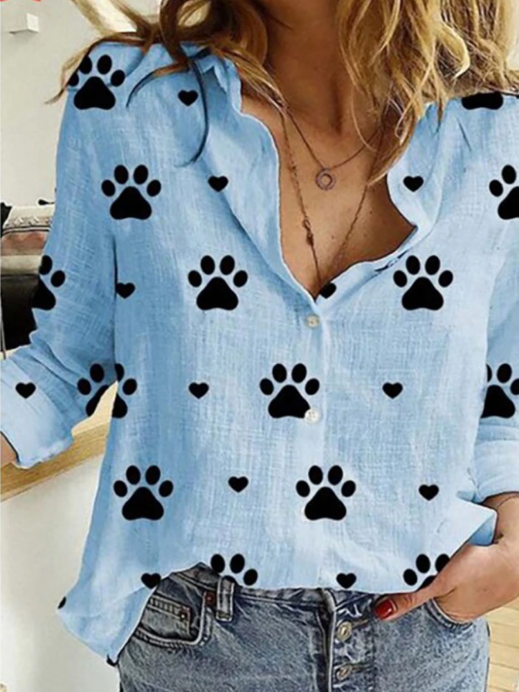 

Spring Autumn Lapel Long Sleeve Women Shirt Vintage Dog Paw Print Blouse White Blue Pink Casual Loose Button Up Shirts Blusas