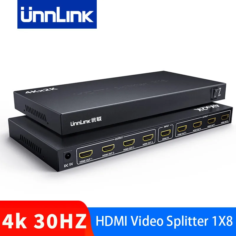 

UNNLINK HDMI Splitter 1X8 UHD 4K 30HZ 1 Input 8 Output HDMI Splitter Switcher Video Converter Adapter For PC LED 4K TV Box PS4/3