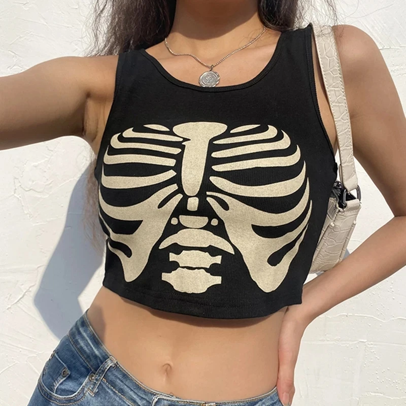 Streetwear Sleeveless Tshirt Y2K Summer Slim Crop Top T Shirt Aesthetic Gothic Skeleton Corset Tops Women Harajuku Vintage Black 
Streetwear Sleeveless Tshirt Y2K Summer Slim Crop Top T Shirt Aesthetic Gothic Skeleton Corset Tops Women Harajuku Vintage Black