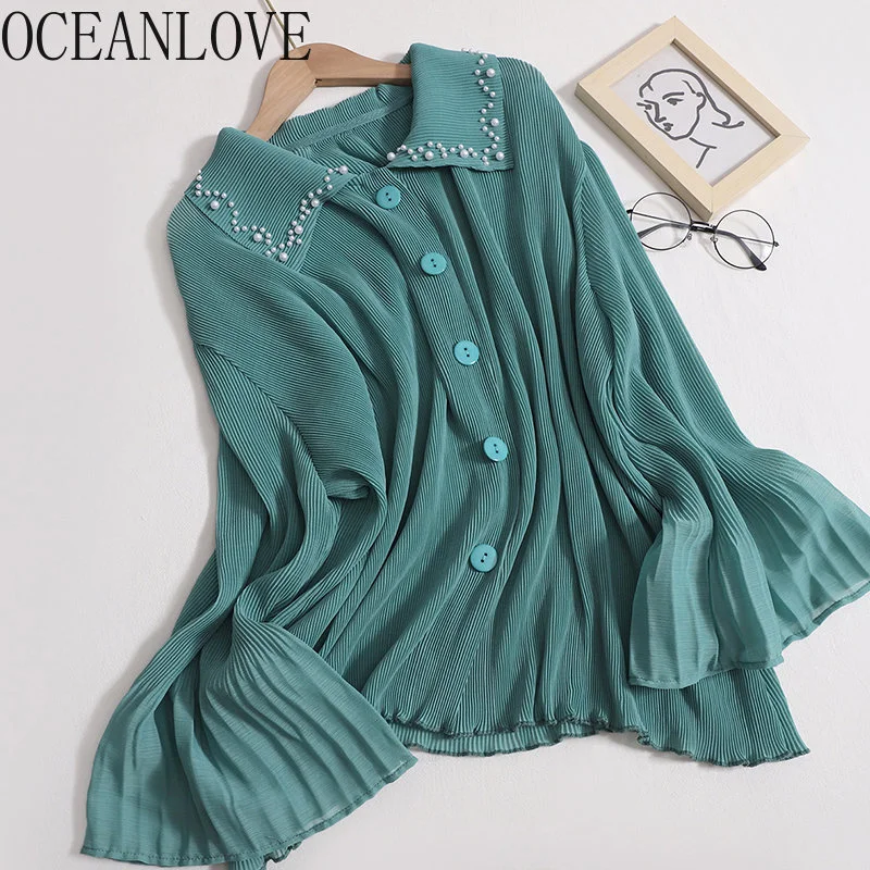 Blouses Women Tops Solid Beading Pleated lare Sleeve Blusas Mujer Spring Autumn Korean Loose Shirts
Blouses Women Tops Solid Beading Pleated lare Sleeve Blusas Mujer Spring Autumn Korean Loose Shirts