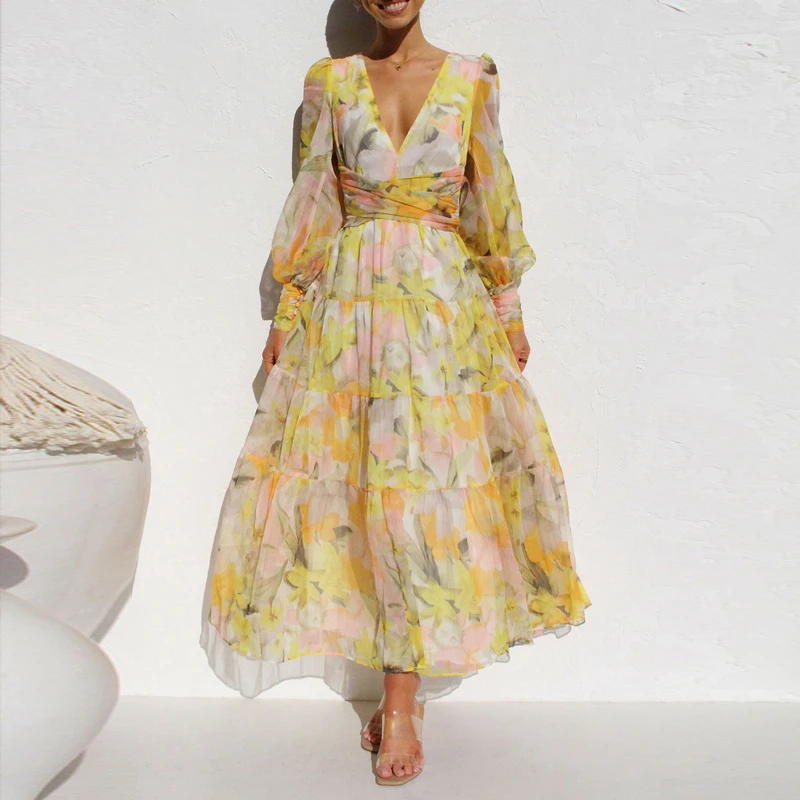 Elegant Women Deep V-neck Long Dress Spring Flower Print Party A-Line Dress Casual Boho Long Sleeve Pleated Hem Dresses Lady
Elegant Women Deep V-neck Long Dress Spring Flower Print Party A-Line Dress Casual Boho Long Sleeve Pleated Hem Dresses Lady