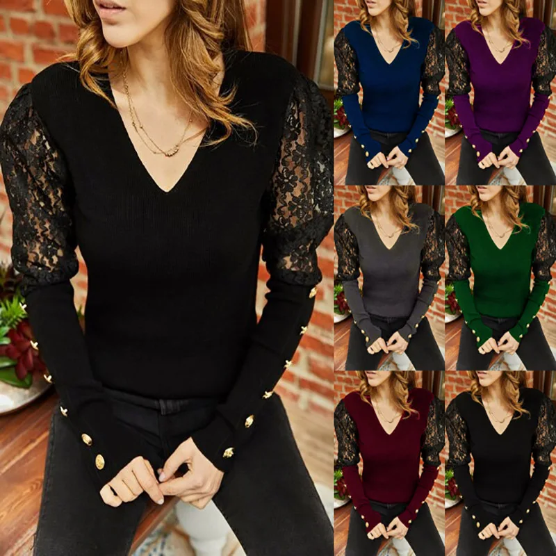 2022 однотонный пуловер с V-образным вырезом и длинными рукавами, Приталенный топ, Женская кружевная блузка с вышивкой
2022 однотонный пуловер с V-образным вырезом и длинными рукавами, Приталенный топ, Женская кружевная блузка с вышивкой