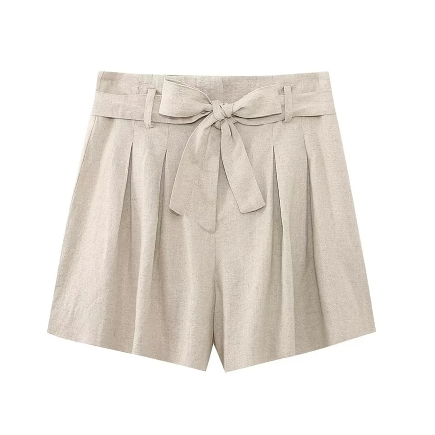 

Maxdutti Belted Ladies Loose Beige Lounge Shorts Women French Country Linen Bermuda