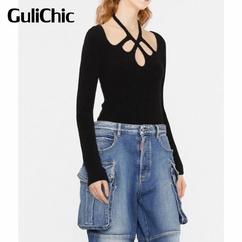 9.24 GuliChic Women High Street Hollow Out Halter Slim Knitted Long Sleeve Black Pullover Knitwear
9.24 GuliChic Women High Street Hollow Out Halter Slim Knitted Long Sleeve Black Pullover Knitwear