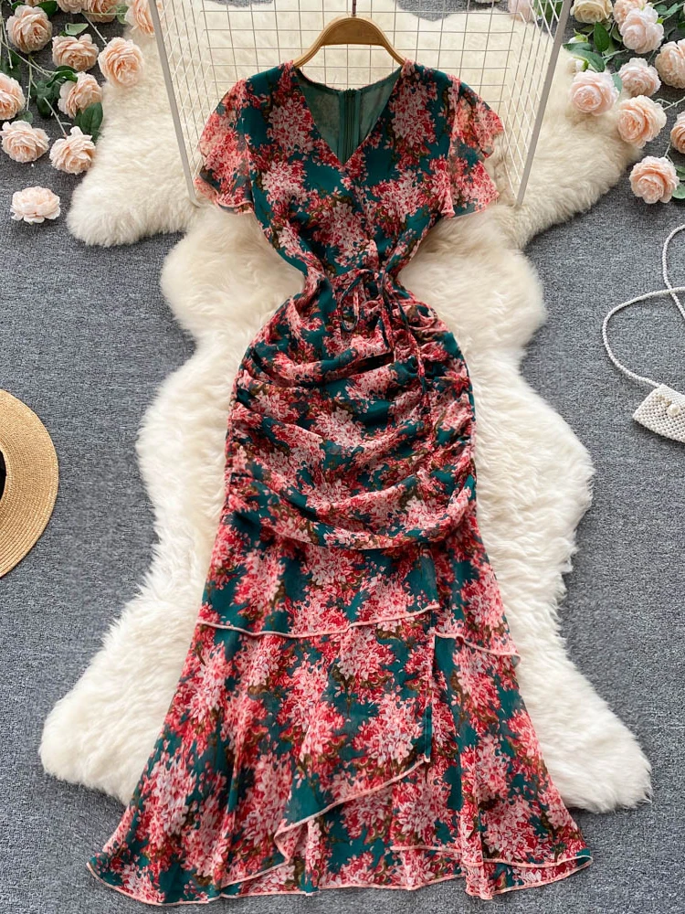 Summer Women Printed Party Long Dress Vintage V-Neck Short Sleeve High Waist Slim Ruffle Mermaid Vestidos Female New Fashion
Summer Women Printed Party Long Dress Vintage V-Neck Short Sleeve High Waist Slim Ruffle Mermaid Vestidos Female New Fashion