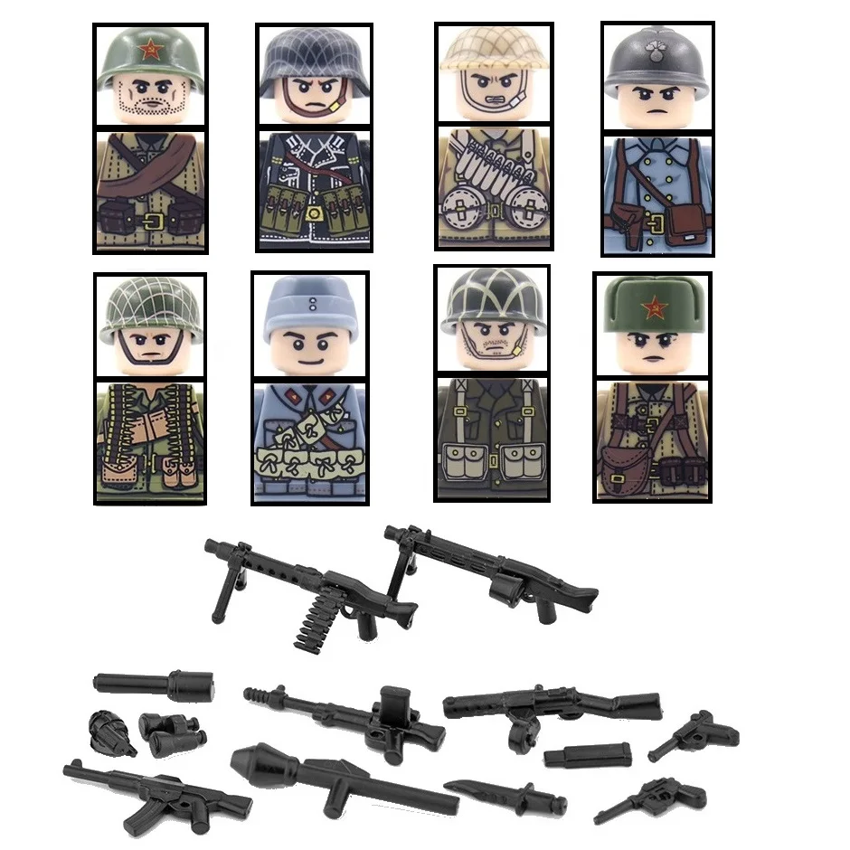 

Пистолеты WW2, винтовка, советский немецкий Американский французский солдат, военное оружие, армейские фигурки MOC, аксессуары, строительные блоки, кирпичи, детские игрушки
