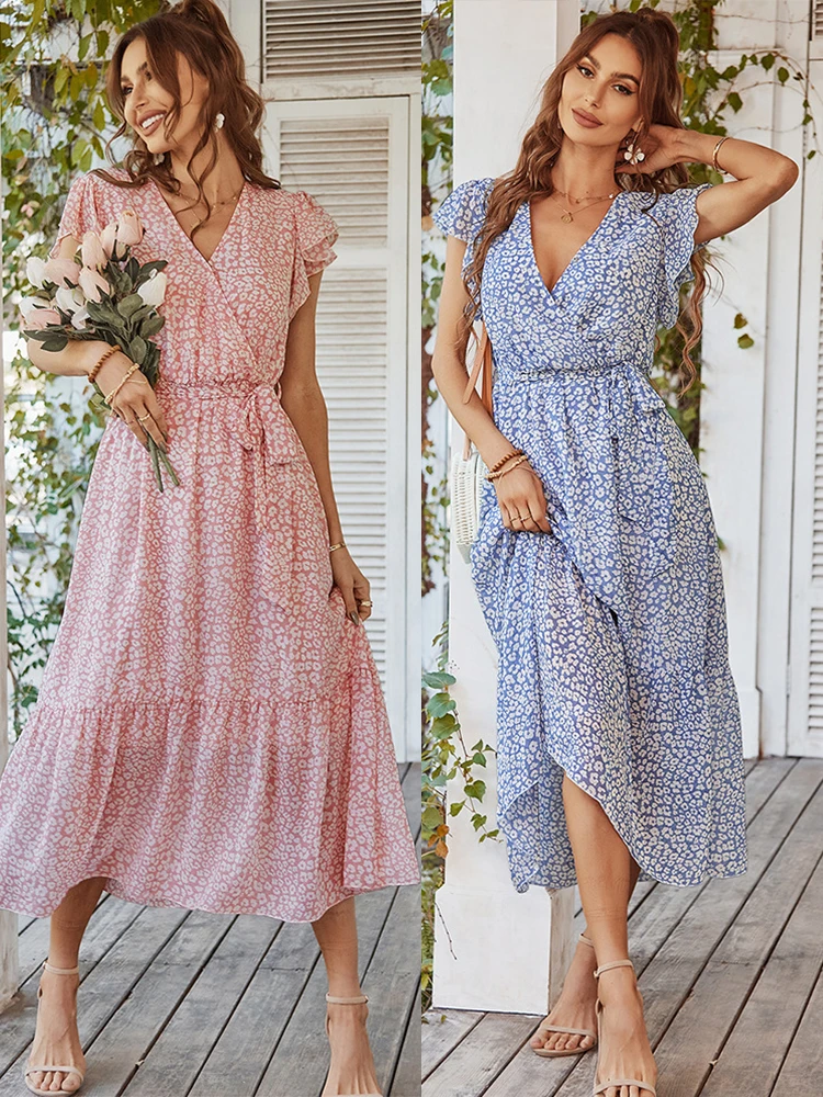 Women Summer Bohemian Dress Floral Casual Wrap V Neck Ruffle Cap Sleeveless Belt A-Line Pleated Hem Swing Midi Sun Dresses 2023
Women Summer Bohemian Dress Floral Casual Wrap V Neck Ruffle Cap Sleeveless Belt A-Line Pleated Hem Swing Midi Sun Dresses 2023