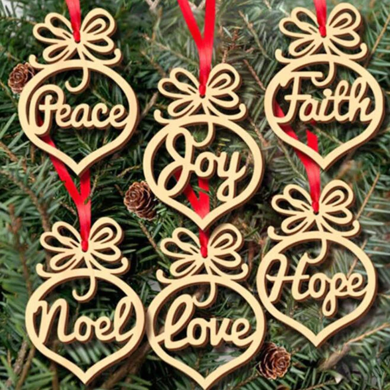 

6pcs Hanging Hollow Out Heart Peace Love Joy Faith Noel Hope Christmas Craft Wooden Christmas Tree Decorations Ornaments
