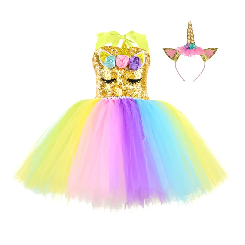 Rainbow Sequin Fluffy Tulle Tutu Sleeveless Halter Girls Dresses Unicorn Golden Children Toddler Party Costume Birthday Headband
Rainbow Sequin Fluffy Tulle Tutu Sleeveless Halter Girls Dresses Unicorn Golden Children Toddler Party Costume Birthday Headband