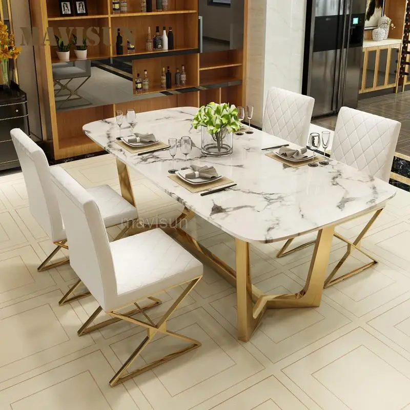 

Light Luxury Modern Stainless Steel Marble Table And Chair Combination Set For Dining Room Simple Rectangular Northern European