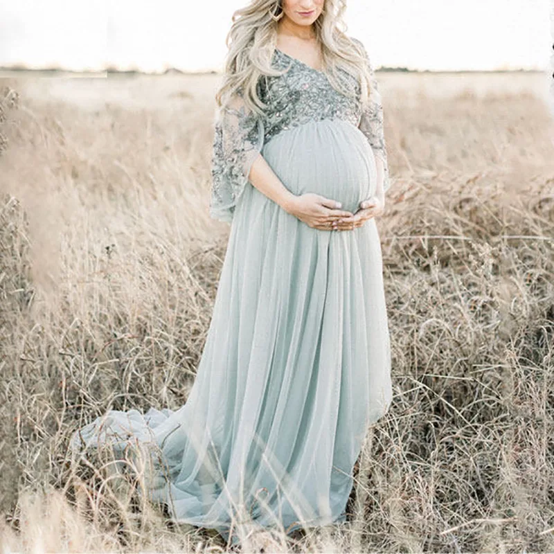 Pregnancy Dress Photo Shoot Sky Blue Large Swing Sequin Lace Stitching Maternity Elegant Baby Shower Dress V-neck Long Gown 2022
Pregnancy Dress Photo Shoot Sky Blue Large Swing Sequin Lace Stitching Maternity Elegant Baby Shower Dress V-neck Long Gown 2022