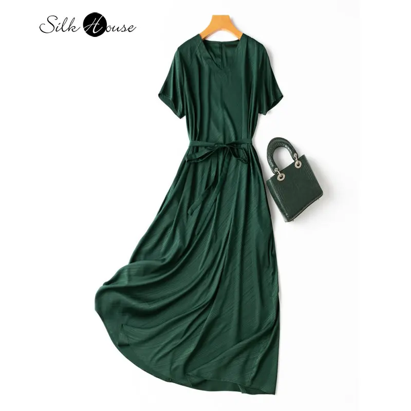 

Luxury Temperament Style Quality Mulberry Silk 22MM Heavy Weight Silk Mulberry Satin Lengthened V-neck Women's Fashion Dress