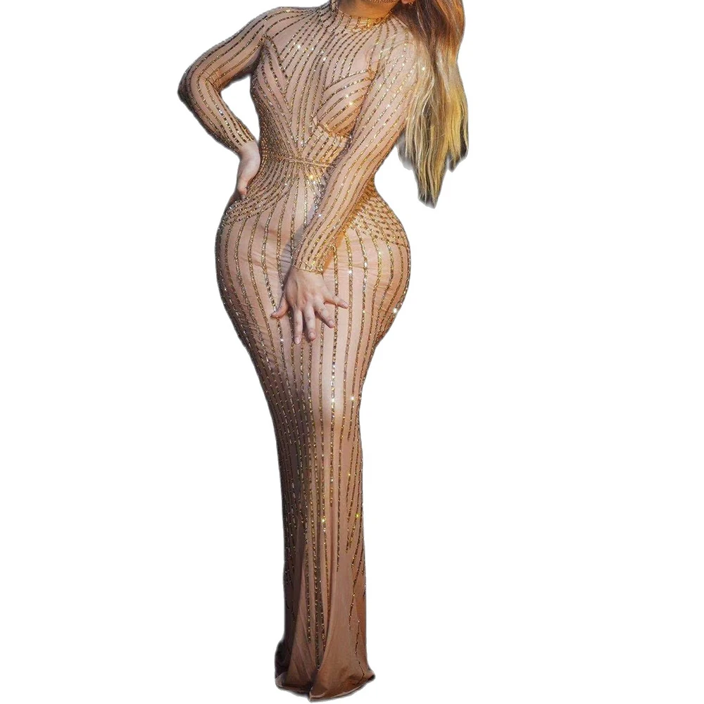 Shining Striped Rhinestones Women Dress Long Sleeve Half High Collar Sknny Elastic Dress DJ Singer Dance Stage Wear DS Costumes
Shining Striped Rhinestones Women Dress Long Sleeve Half High Collar Sknny Elastic Dress DJ Singer Dance Stage Wear DS Costumes