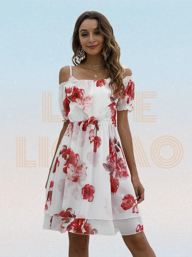 Summer Dress Women Print A-Line Sling Short Sleeve Elastic Waist Chiffon Dress for Woman Backless Slash Neck Casual Dress
Summer Dress Women Print A-Line Sling Short Sleeve Elastic Waist Chiffon Dress for Woman Backless Slash Neck Casual Dress