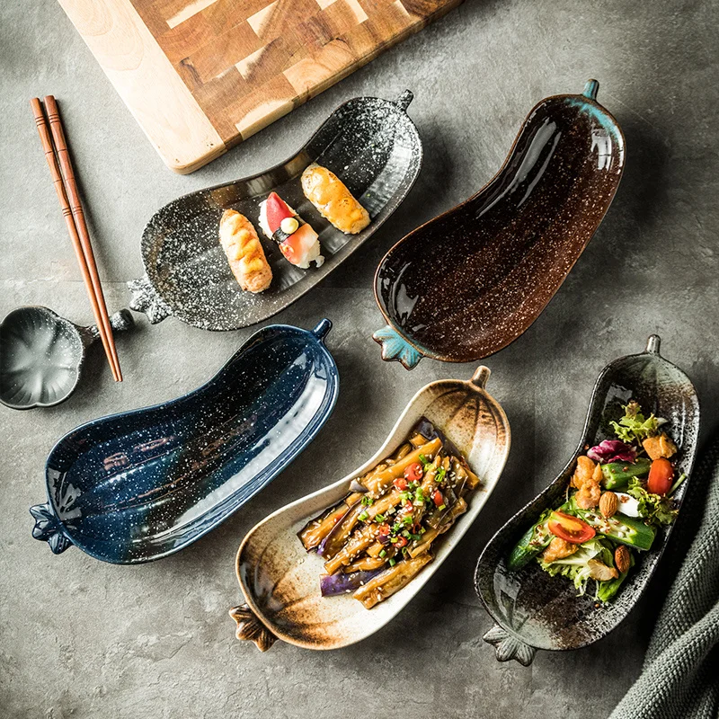 

Креативное блюдо в форме баклажана, керамические обеденные тарелки, японская необычная десертная тарелка для закусок, домашняя кухонная по...