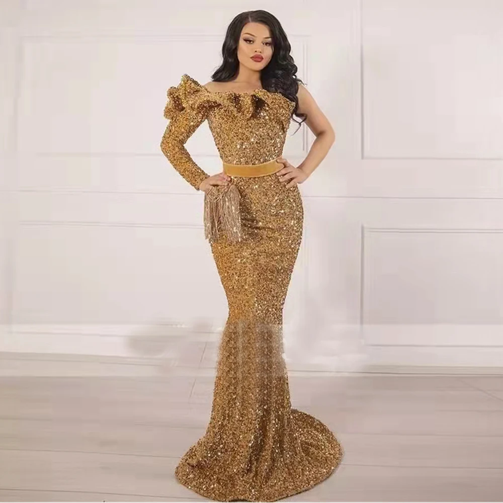 Dubai Gold One Shoulder Ruffly Sequins Mermaid Prom Dresses Elegant Women Evening Gown Backless vestidos elegantes para mujer
Dubai Gold One Shoulder Ruffly Sequins Mermaid Prom Dresses Elegant Women Evening Gown Backless vestidos elegantes para mujer