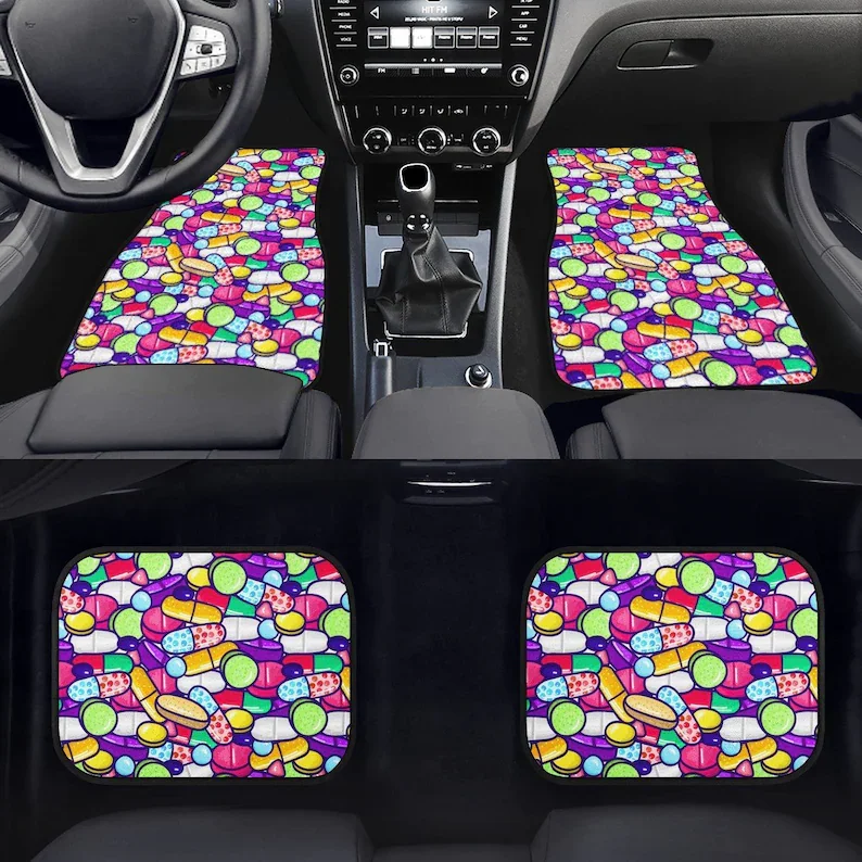 

Pills & Thrills Car Floor Mats - Ecstasy Psychedelic Colorful Stoner Car, LSD Hippie Trippy Microdose Car Accessories, Dmt Acid