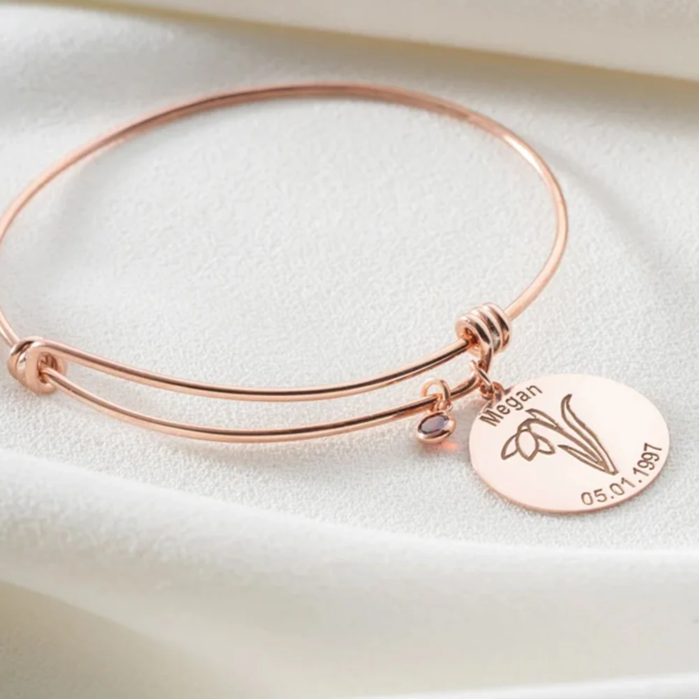 Custom Bangle for Women Engraved Name Date Birthday Flower Bangle with Birthstone Charm Stainless Steel Adjustable Bracelet Gift
Custom Bangle for Women Engraved Name Date Birthday Flower Bangle with Birthstone Charm Stainless Steel Adjustable Bracelet Gift