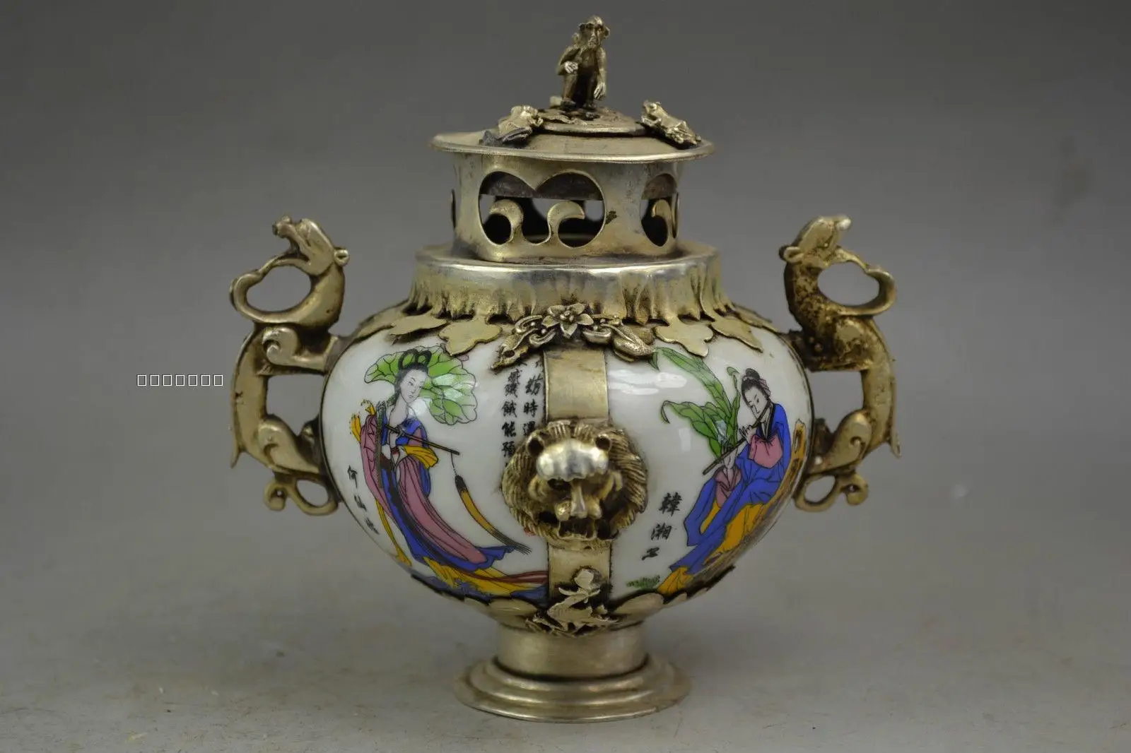 

Antique Tibetan Silver Ceramic Porcelain Incense Burner Home Decorative Crafts Decoration Gifts