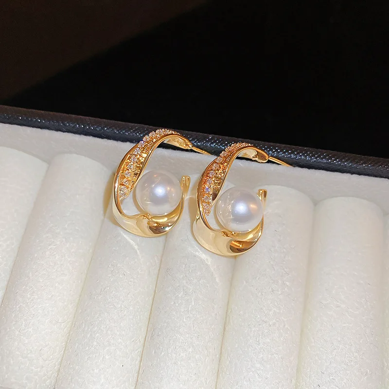 

Minar Elegant Shiny CZ Cubic Zirconia Hollow Out Twist C Shape Drop Earrings for Women 14K Gold Copper Imitation Pearl Earring