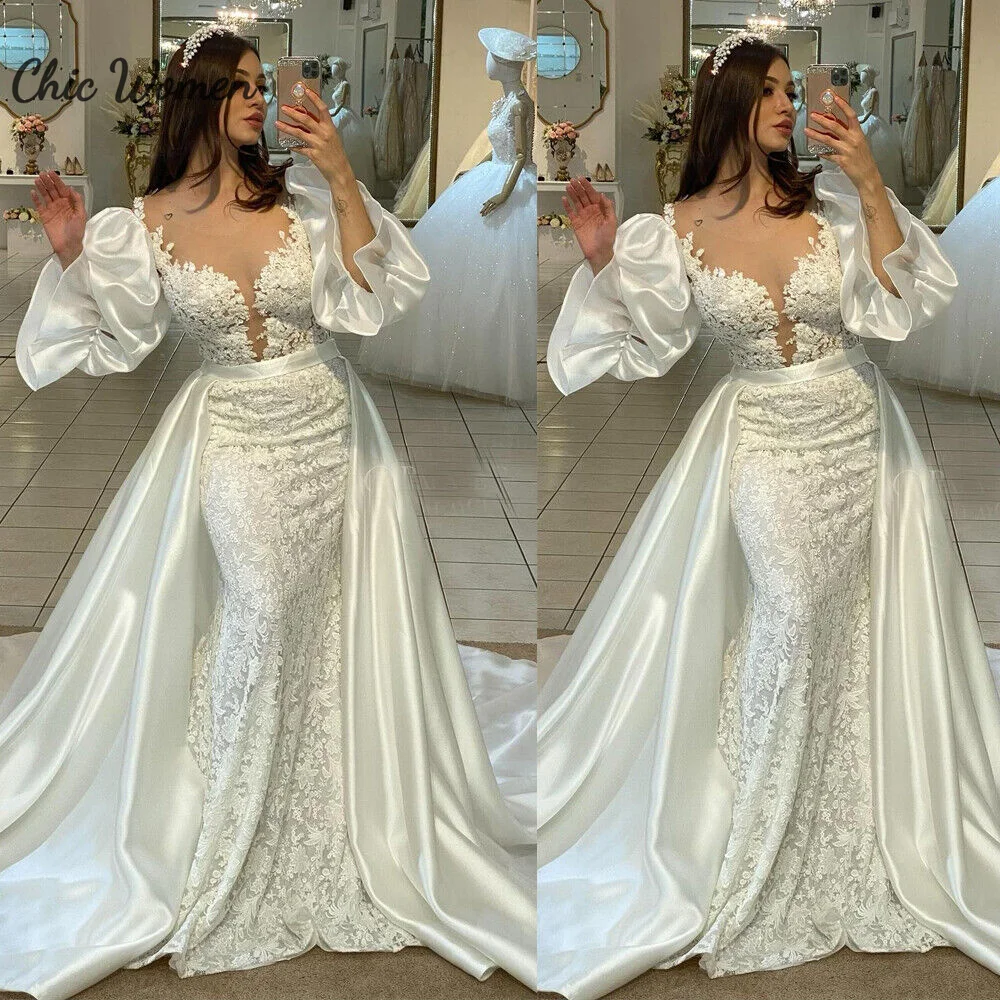 New Overskirt Dubai Wedding Dress 2023 Puff Sleeves Mermaid Lace Country Bridal Gowns Soft Satin Sweep Train Church Bride Dress
New Overskirt Dubai Wedding Dress 2023 Puff Sleeves Mermaid Lace Country Bridal Gowns Soft Satin Sweep Train Church Bride Dress