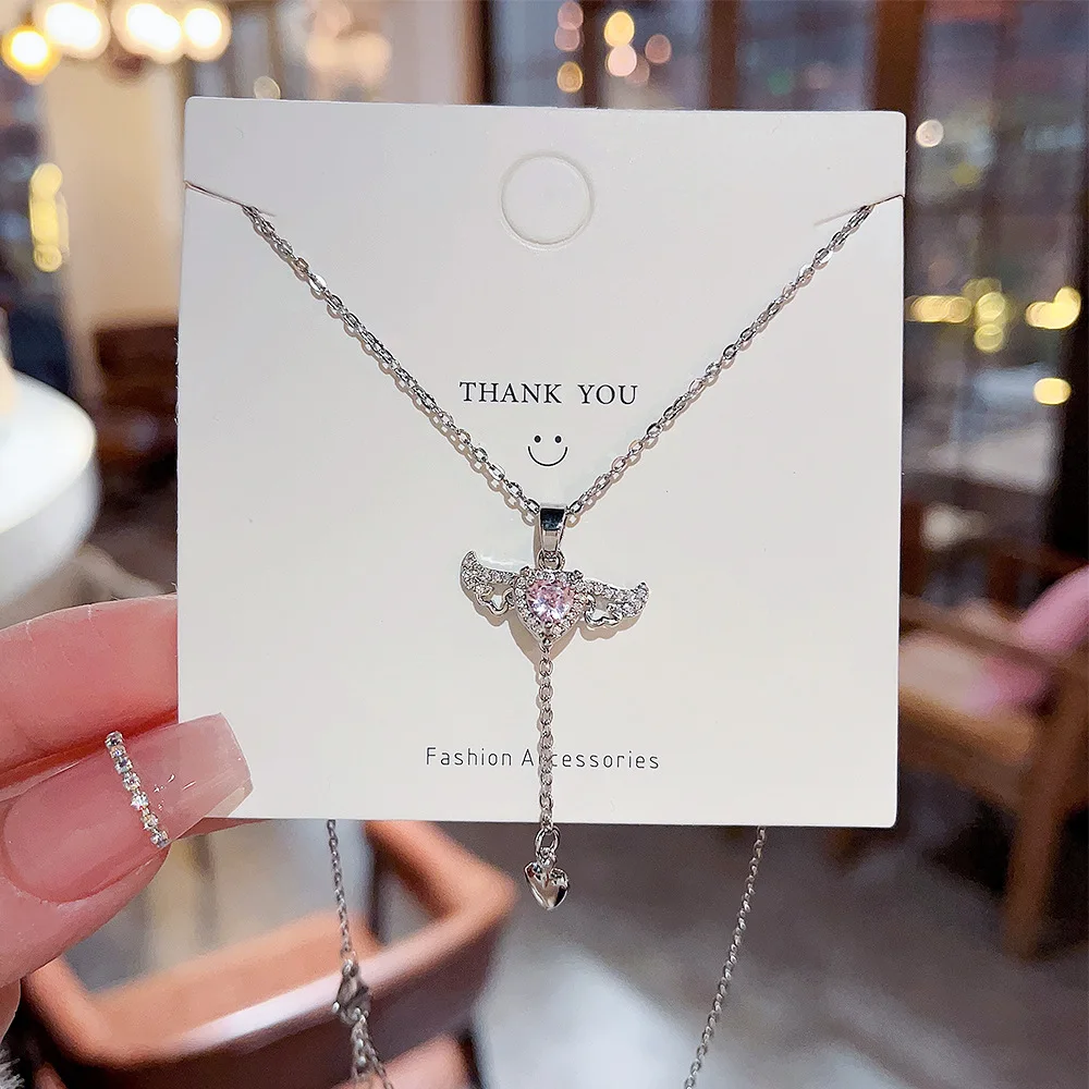 

Pink Cupid Heart Love Angel Wing Zircon Love Heart Mother's Day Gift Pendant Necklace Woman Girl Wedding Blessing Jewelry