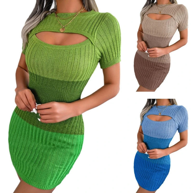 50JB Short Dress Round Neck Bodycon Hollows Knitted Cloth Gradiented Color Short Sleeve Dresses Summer Wearing for Women
50JB Short Dress Round Neck Bodycon Hollows Knitted Cloth Gradiented Color Short Sleeve Dresses Summer Wearing for Women