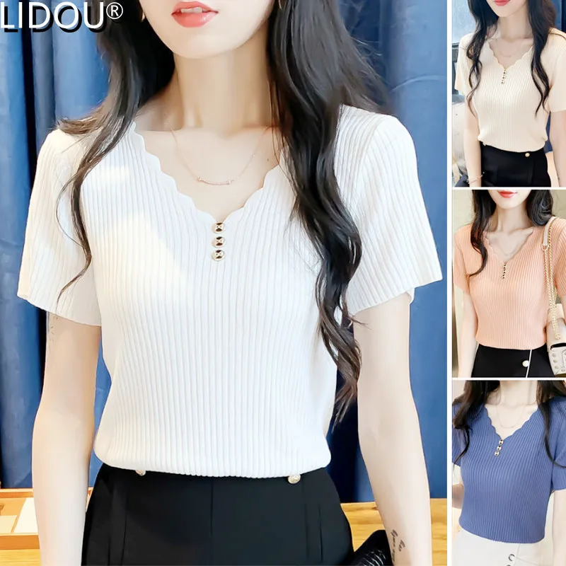 2022 Spring Summer New Loose Ice Silk Short-sleeved T-shirt V-neck Solid Color Knited Top Women's Korean Style Plus Size T-shirt
2022 Spring Summer New Loose Ice Silk Short-sleeved T-shirt V-neck Solid Color Knited Top Women's Korean Style Plus Size T-shirt