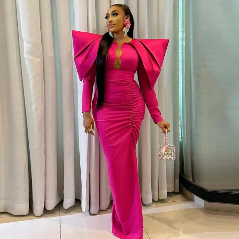 Bright Pink Evening Dresses Pleats Elegant Special Design Evening Gowns African Stand Shoulder Evening Dress Long Sleeve Sheath
Bright Pink Evening Dresses Pleats Elegant Special Design Evening Gowns African Stand Shoulder Evening Dress Long Sleeve Sheath