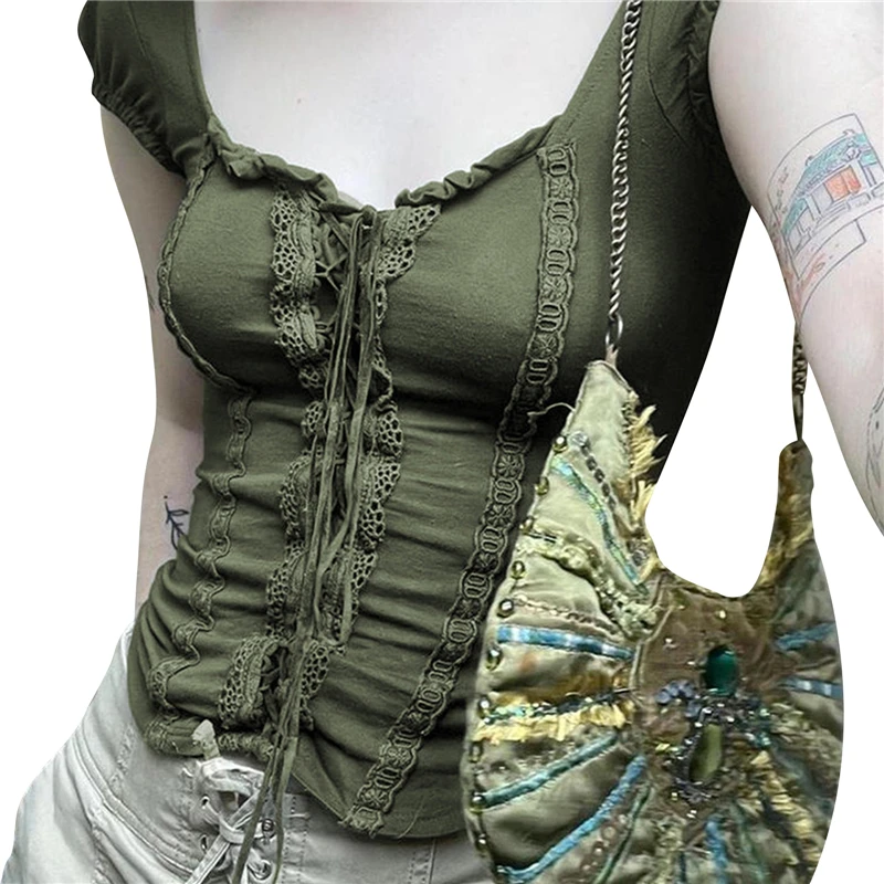 Fairy Grunge Top y2k Aesthetic Women Vintage Lace Trim Tie Front V Neck Short Sleeve Cropped Tee Shirt 2000s E Girl Clothes
Fairy Grunge Top y2k Aesthetic Women Vintage Lace Trim Tie Front V Neck Short Sleeve Cropped Tee Shirt 2000s E Girl Clothes