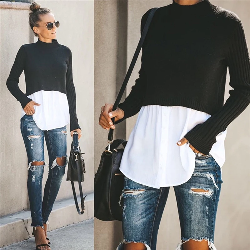 High Tech Autumn and Winter Sexy Stitching Long Sleeve Stitching Slim Women's Top Black Knitted Patch Long Sleeve Pullover
High Tech Autumn and Winter Sexy Stitching Long Sleeve Stitching Slim Women's Top Black Knitted Patch Long Sleeve Pullover