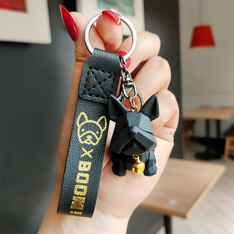 

Men's Car Punk French Bulldog Keychain PU Leather Dog Keychains Fashion for Women Bag Pendant Jewelry Trinket Key Ring Key Chain