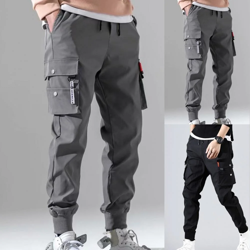 

Men's Clothing Solid Color Drawstring Waist Trousers Cropped Multi-pocket Overalls Thin Male Men Beam Feet Cargo Pants for Daily