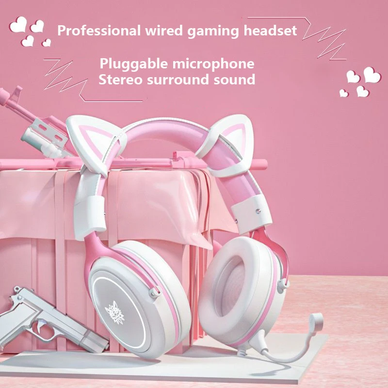 

New X10 white pink cat ear Head-mounted wired cute girl computer game headset HD mic stereo surround sound headset