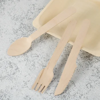 Disposable Wooden Cutlery Set Salad Dessert Plates Spoons Forks Knives Kitchen Tableware Party Picnic Supplies