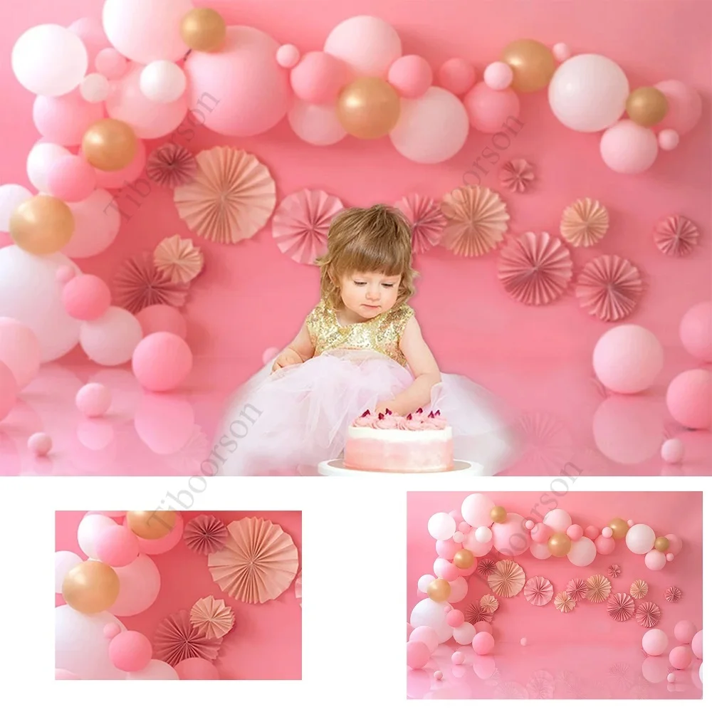 

Photography Background Pink Balloons Paper Flowers Girl 1st Party Cake Smash Birthday Decoration Backdrop Photo Shoot Props