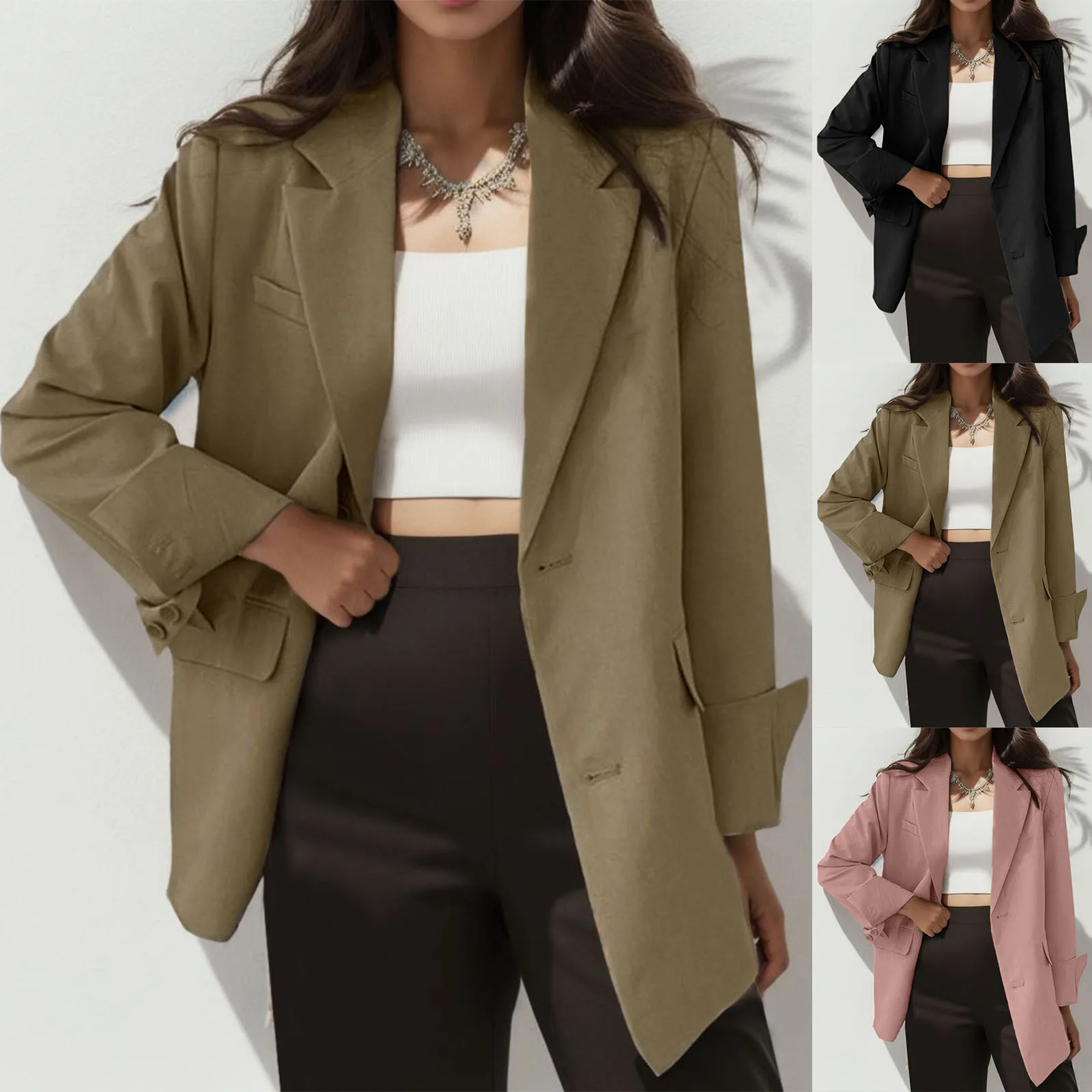 

Women Spring Summer Casual Simple Fashion Solid Color Button Cardigan Pocket Casual Suit Jacket Tan Wool Trench Coat Women