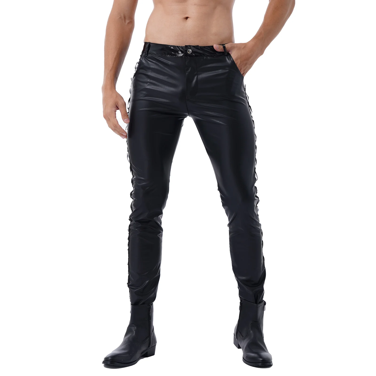 Men Latex Leather Pants Low Waist Faux Leather Shiny Pants Fashion Tight Trousers for Club Stage Show Rock Band Performance
Men Latex Leather Pants Low Waist Faux Leather Shiny Pants Fashion Tight Trousers for Club Stage Show Rock Band Performance
