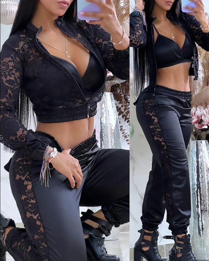 Casual V-Neck Sleeveless Crop Top & Night Out Shirred Crochet Lace Long Pants Set Long Sleeve Zipper Coat Autumn Women Outfits
Casual V-Neck Sleeveless Crop Top & Night Out Shirred Crochet Lace Long Pants Set Long Sleeve Zipper Coat Autumn Women Outfits
