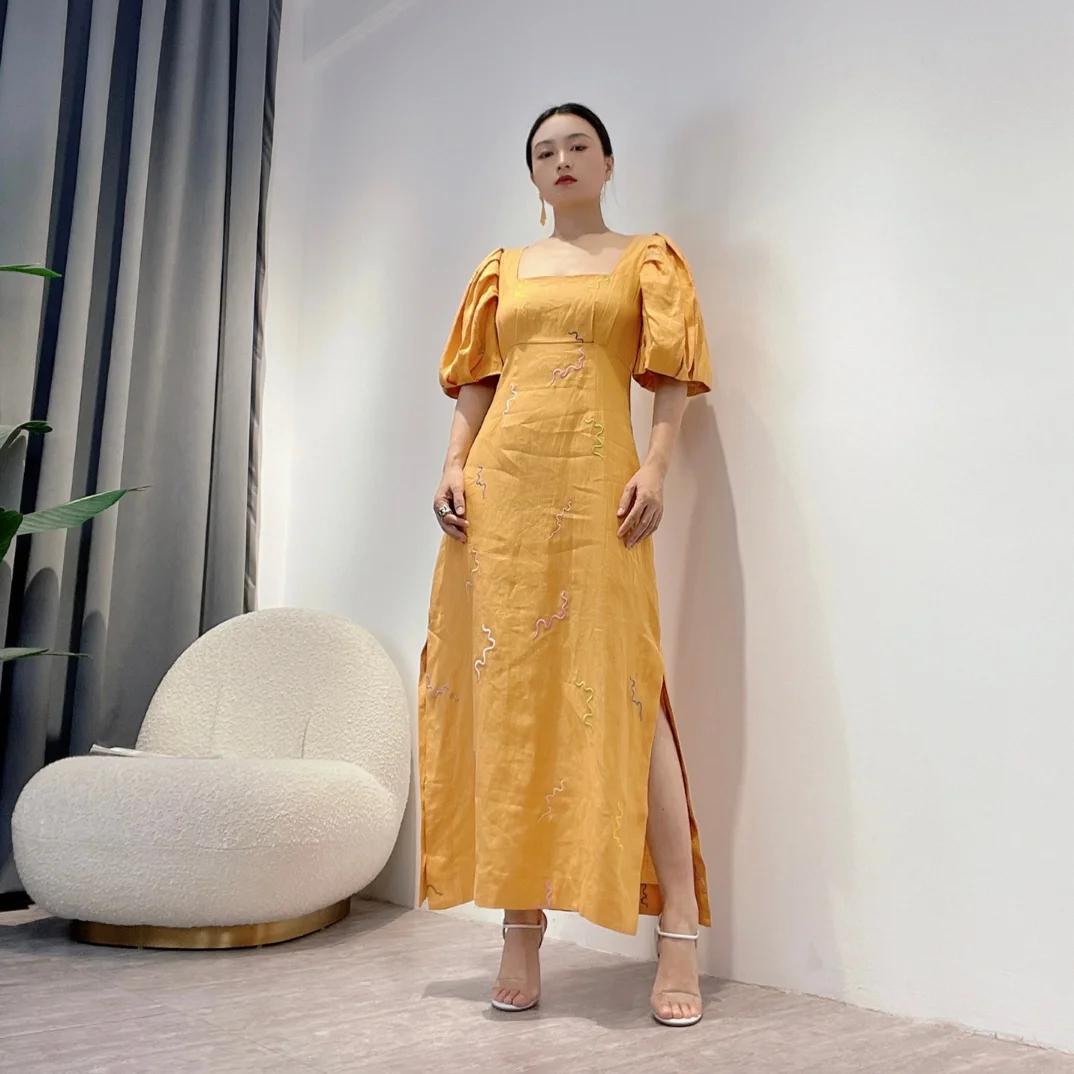 

Yellow Linen Dress 2022 Summer Top Quality Linen Fantasy Wave Line Stitched Windows Back Aestethic Clothing