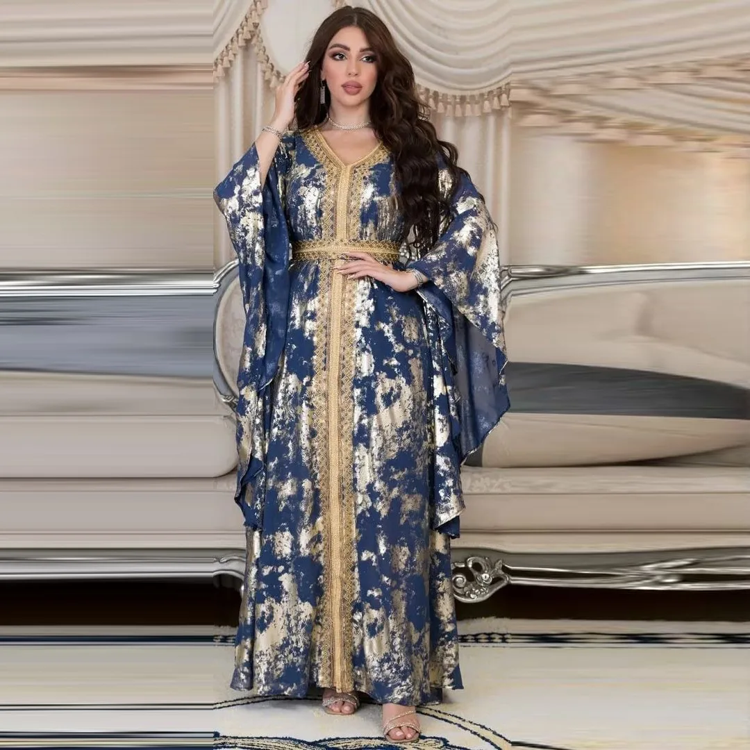 

Luxurious Muslim Women's Abaya Moroccan Kaftan Dubai Ladies Print V-Neck Guipure Lace Tape Belted Abayas Dress Islamic Dresses