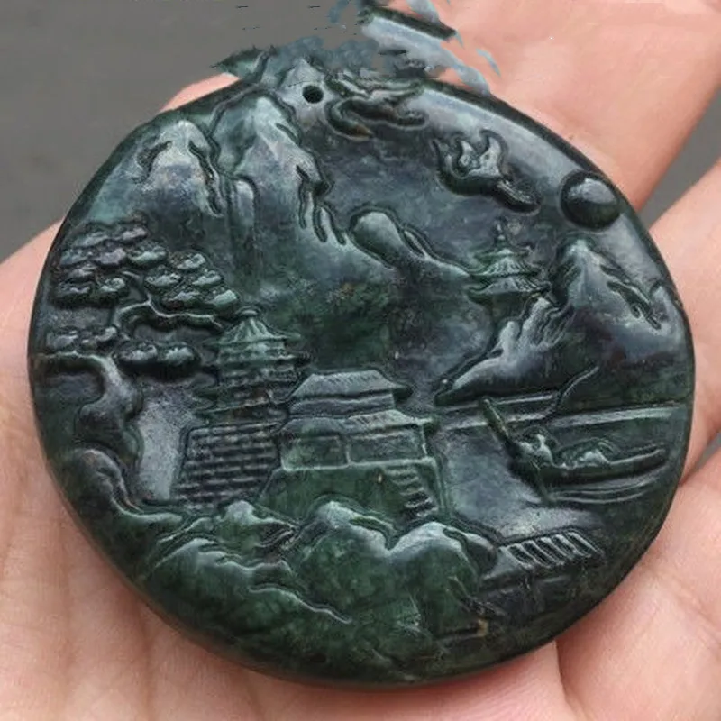 

Natural Tibetan Jade Medicine King Stone Pendant with Magnetic Olive Meteorite Round Landscape Brand Dark Green Jade Pendant