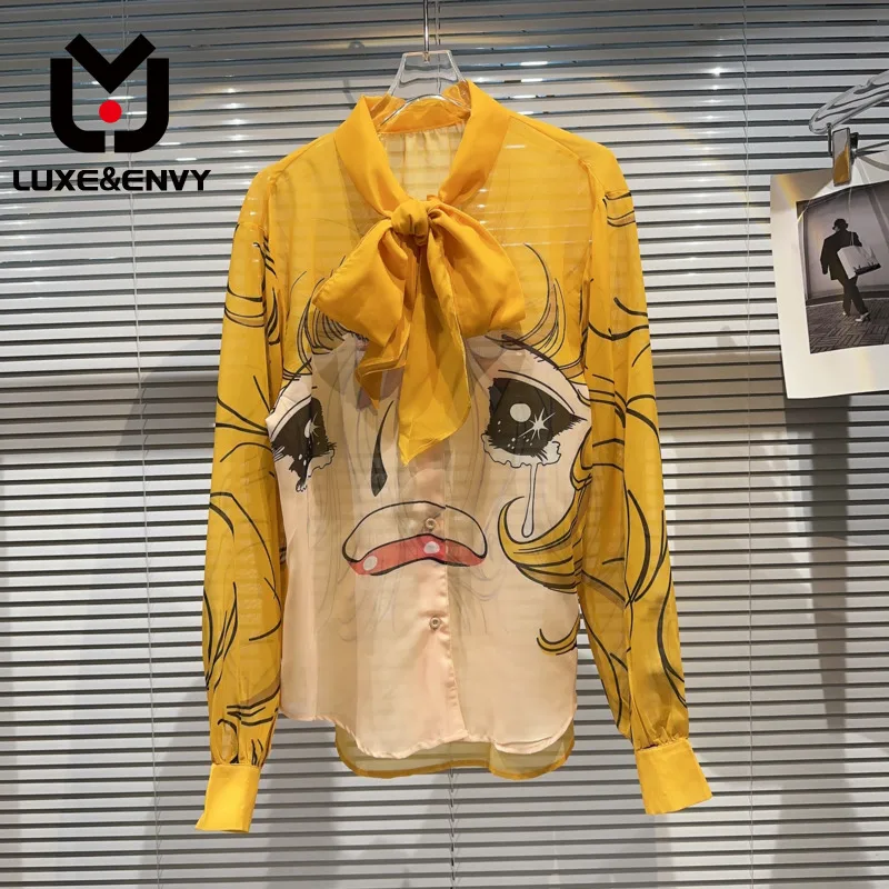 

Тонкая рубашка люкс & ENVY с мультяшным принтом, элегантная свободная однобортная летняя блузка с воротником-стойкой и кулиской, WZ2677