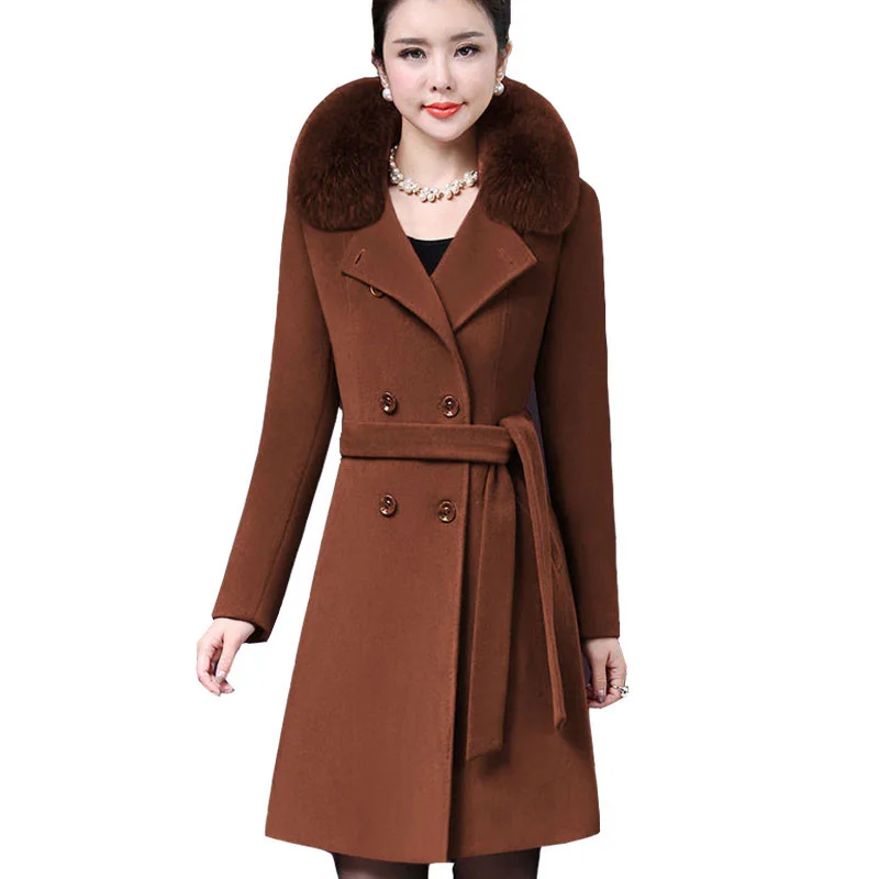 

Женское длинное шерстяное пальто, элегантное двубортное пальто из смешанной шерсти с меховым воротником и поясом, верхняя одежда для зимы