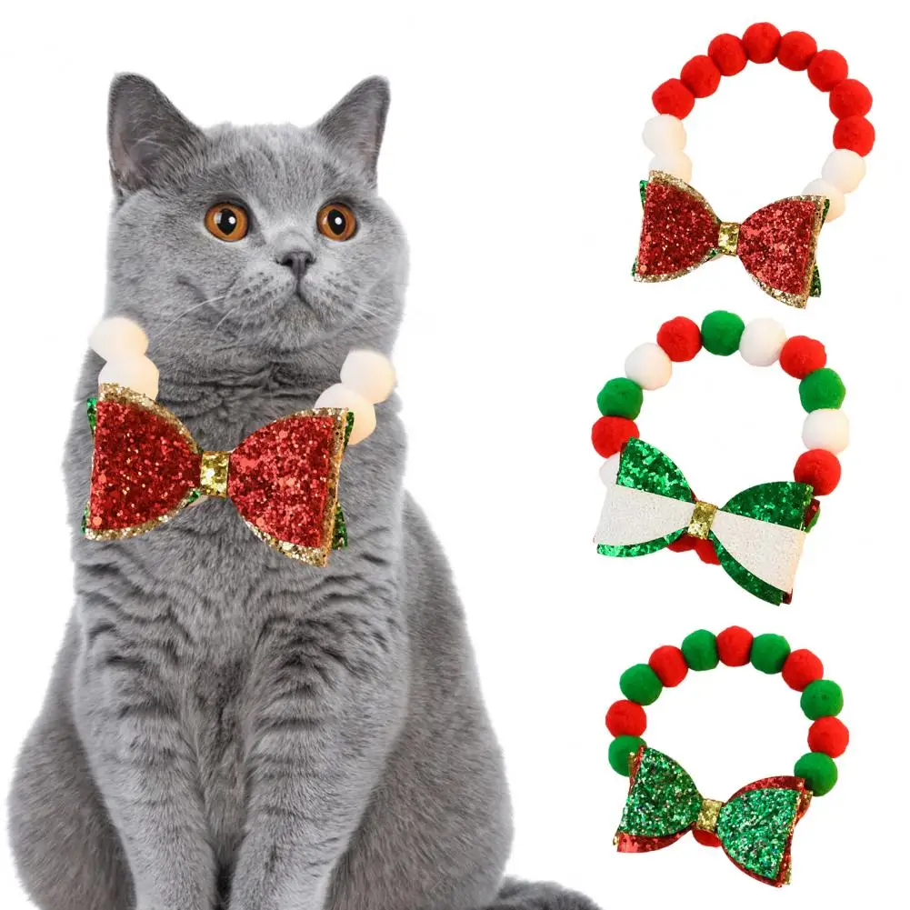 

Pet Collar Sparkling Sequins Design Friendly to Skin Super Soft Vibrant Color Decorative Polyester Xmas Bow-knot Cat Collar Pet