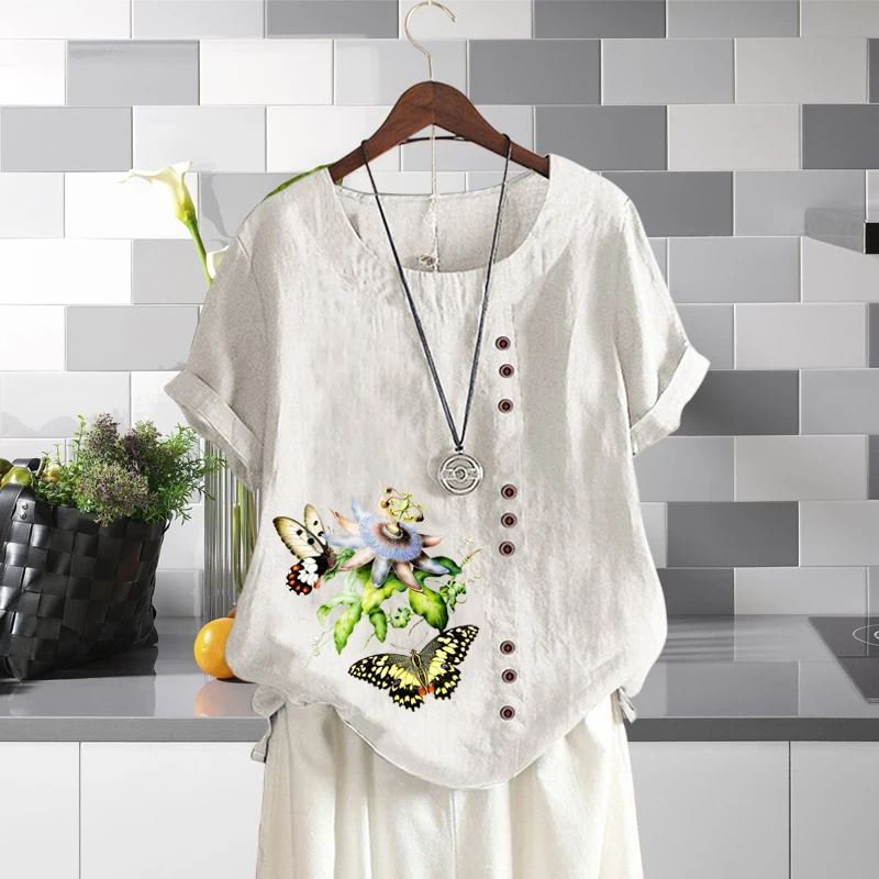 Butterfly Flower Floral Pattern Pullover Top in Summer Lady's Round Neck Casual Shirt Women's T Shirt Loose Linen Short Sleeve
Butterfly Flower Floral Pattern Pullover Top in Summer Lady's Round Neck Casual Shirt Women's T Shirt Loose Linen Short Sleeve