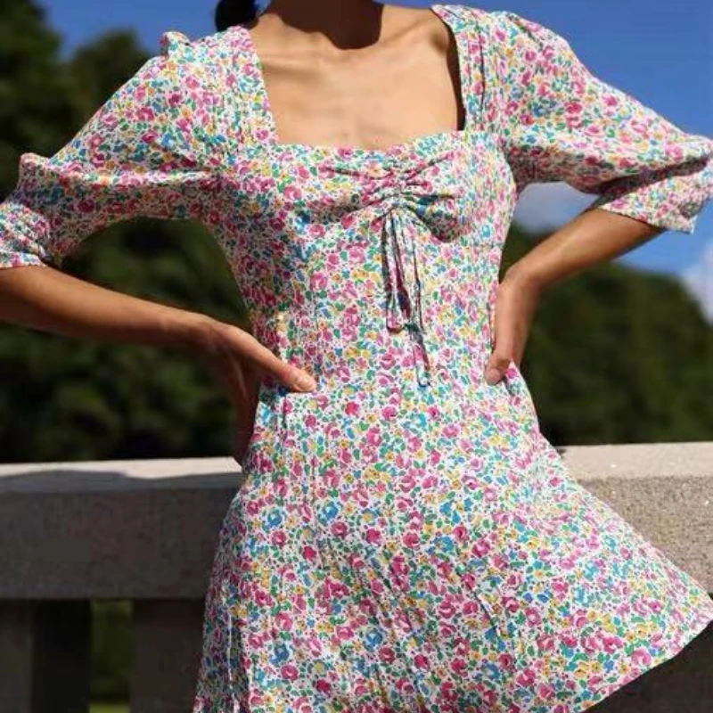 Sweet Temperament Floral Half-sleeve Square-neck Mini Dress Women's 2022 New Waist Drawstring Pleated Short Robe Kawaii
Sweet Temperament Floral Half-sleeve Square-neck Mini Dress Women's 2022 New Waist Drawstring Pleated Short Robe Kawaii