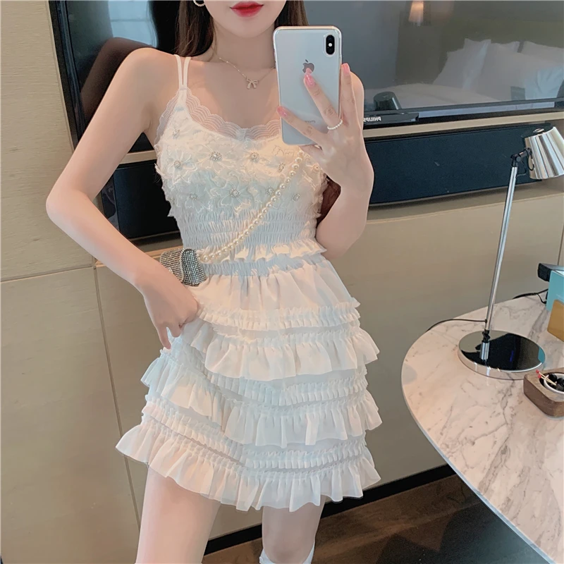 

Real Shot Lace Pleated Camisole + Wood Ear Cake Chiffon High Waist Skirt Summer Sexy Elegant Skirt Two Piece Set Women Clothes