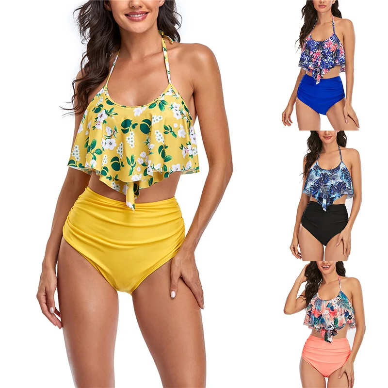Women's 2Pcs Bikini Set, Ruffled Floral Print Halterneck Tops with High Waisted Swim Trunks Bikini Bottoms Swimwear, S/M/L/XL
Women's 2Pcs Bikini Set, Ruffled Floral Print Halterneck Tops with High Waisted Swim Trunks Bikini Bottoms Swimwear, S/M/L/XL