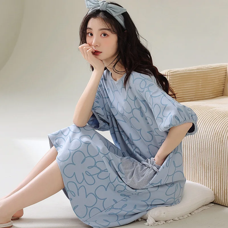 Fdfklak Cotton Nightdress Women's Summer Nightgowns Korean Casual Home Clothes Short-Sleeved Loose Ladies Night Dress Pocket
Fdfklak Cotton Nightdress Women's Summer Nightgowns Korean Casual Home Clothes Short-Sleeved Loose Ladies Night Dress Pocket